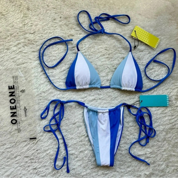 NWT OneOne Swimwear SET Bikini Ariel Sky Blue White Cheeky New Striped Triangle - Picture 2 of 7